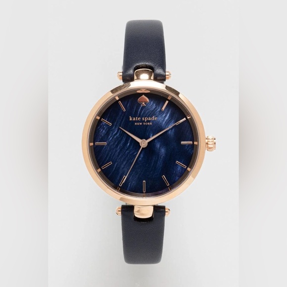 NWT Kate Spade Holland Round Metro Slim Navy Rose Gold Leather Watch - Picture 1 of 7